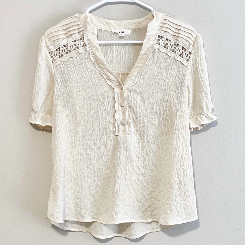 Anthropologie MINE Crochet Lace Trim Short Sleeve Blouse